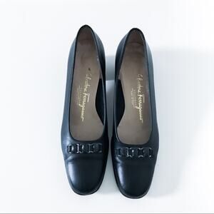 Salvatore Ferragamo Navy Buckle Block Heels